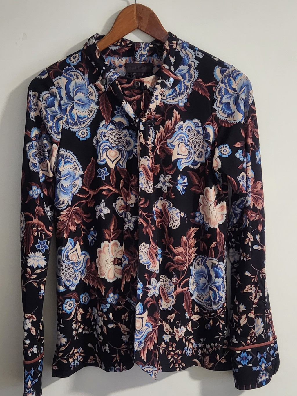 Hale Bob Blouse Top Long-Sleeve Floral Size Small Blue Brown Removable Neck Tie